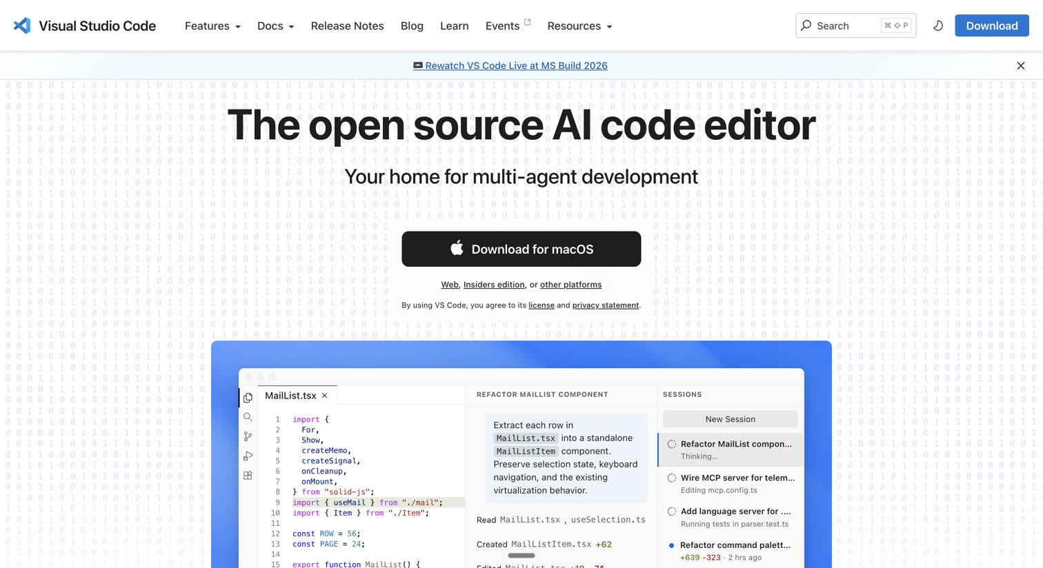 The VS Code download page with the Download button top-right.